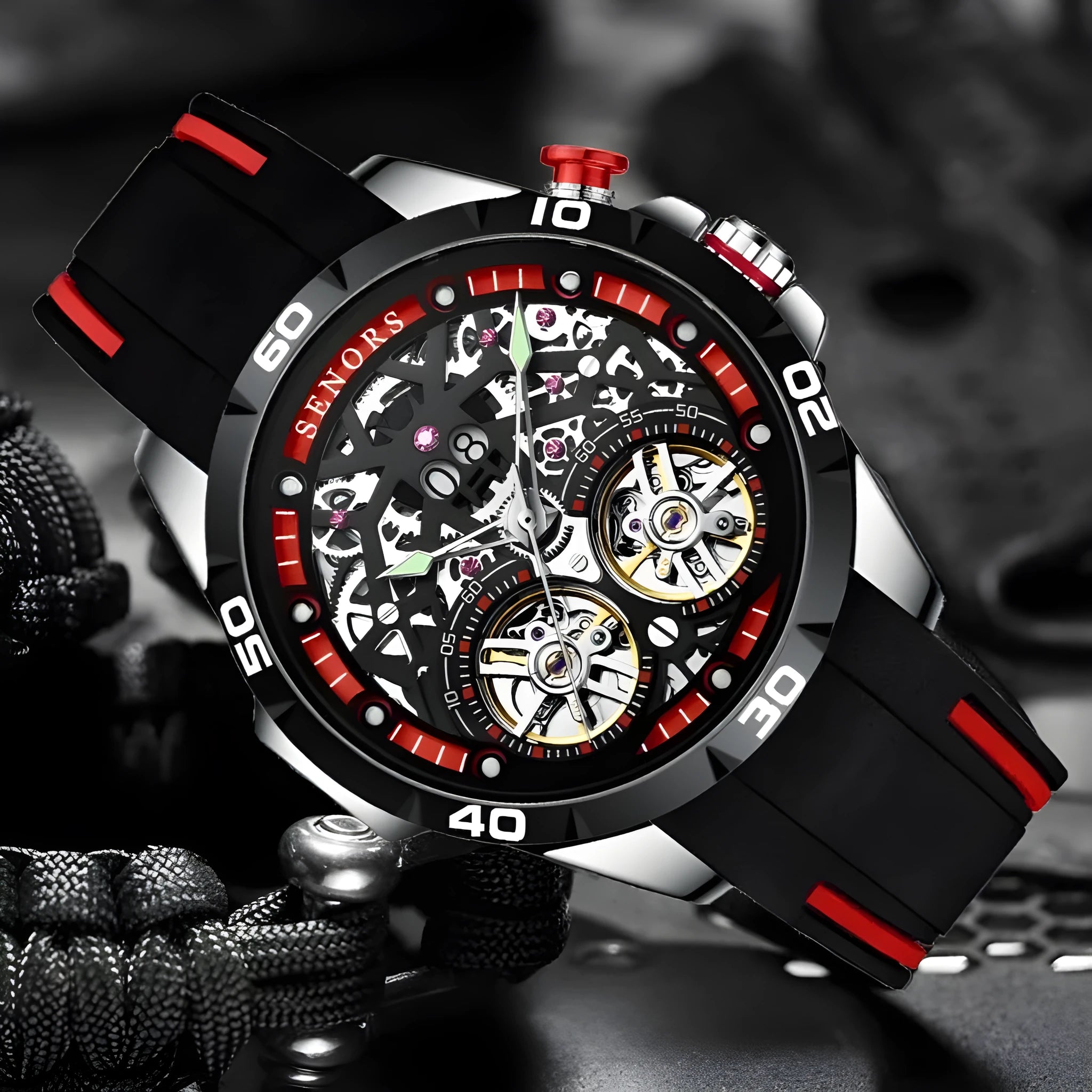 Automatic mechanical men's watch with hollow skeleton dial showing movement components, luminous markers, 14mm thickness case