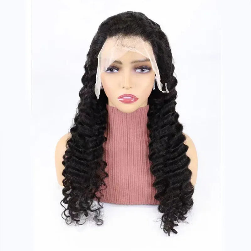 Simple solid colour half lace human hair wig shown in one of the available lengths from 18 to 34 inches.