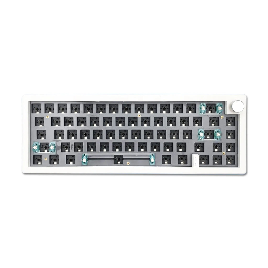 DIY mechanical keyboard kit with RGB lighting in seven colour options showing hot-swap sockets