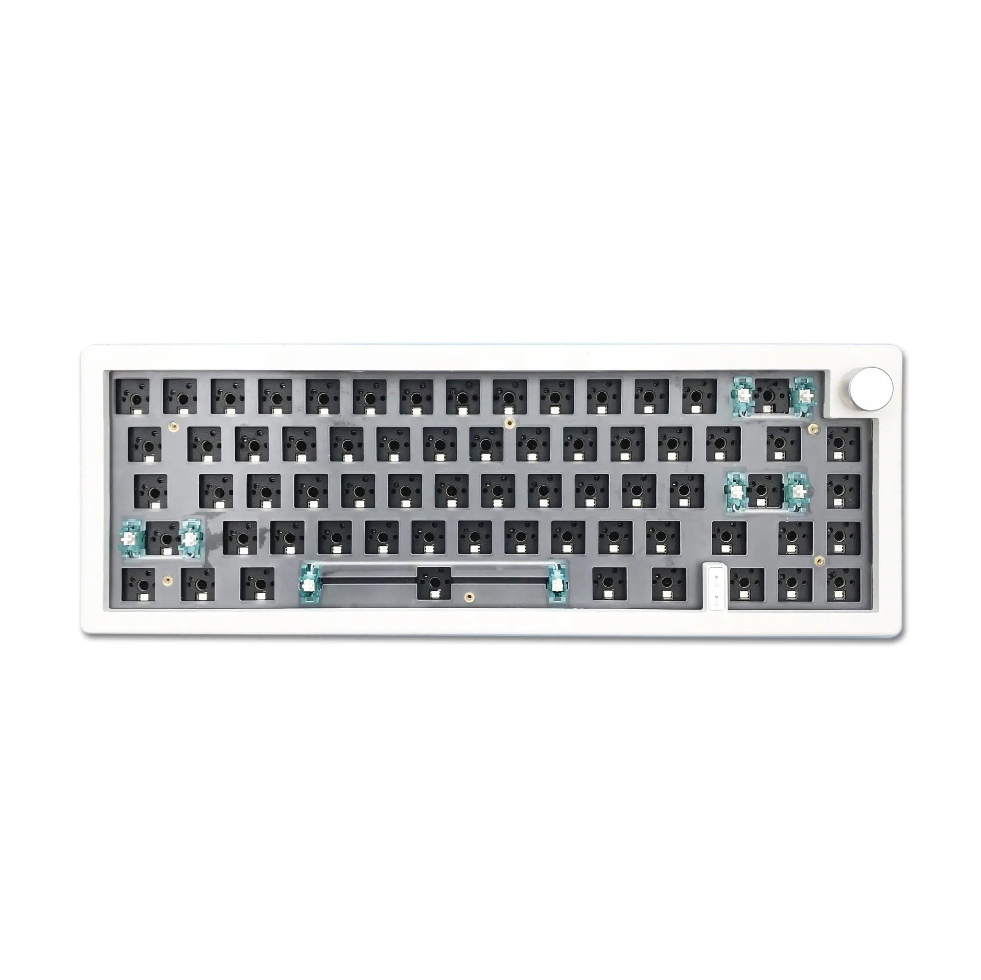 DIY mechanical keyboard kit with RGB lighting in seven colour options showing hot-swap sockets
