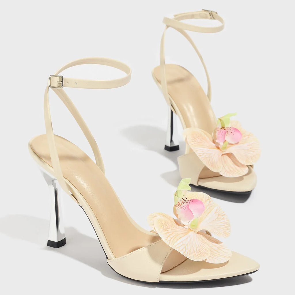 Apricot women's stiletto sandals with 3D flower upper, pointed toe and 10cm heel, sizes 35-43
