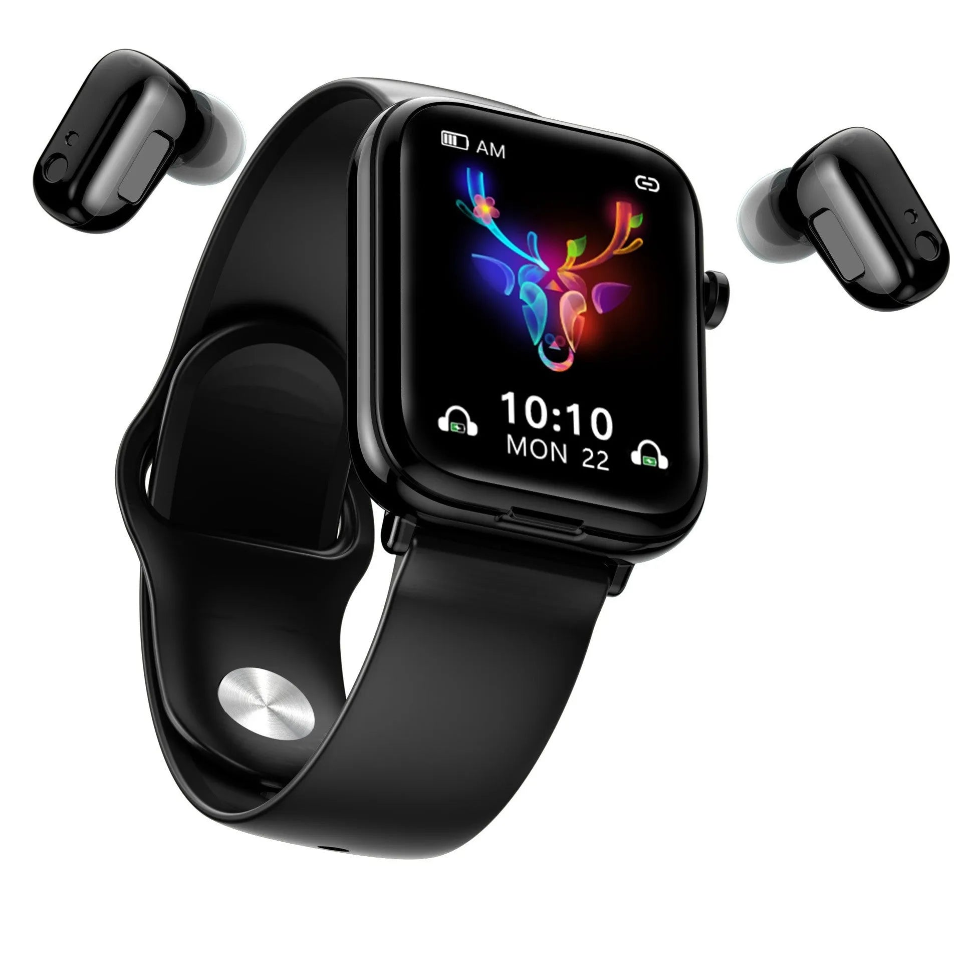 Black zinc alloy smartwatch with touch screen next to its wireless Bluetooth earbuds and charging case.