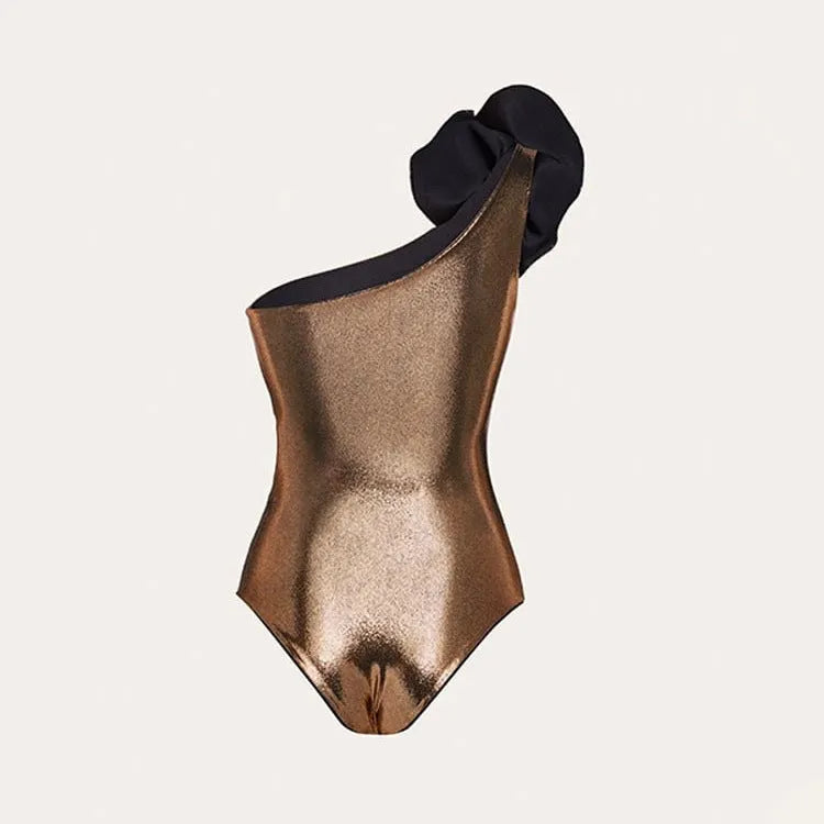 Gold handmade one-piece swimsuit with hollow out halter neck design