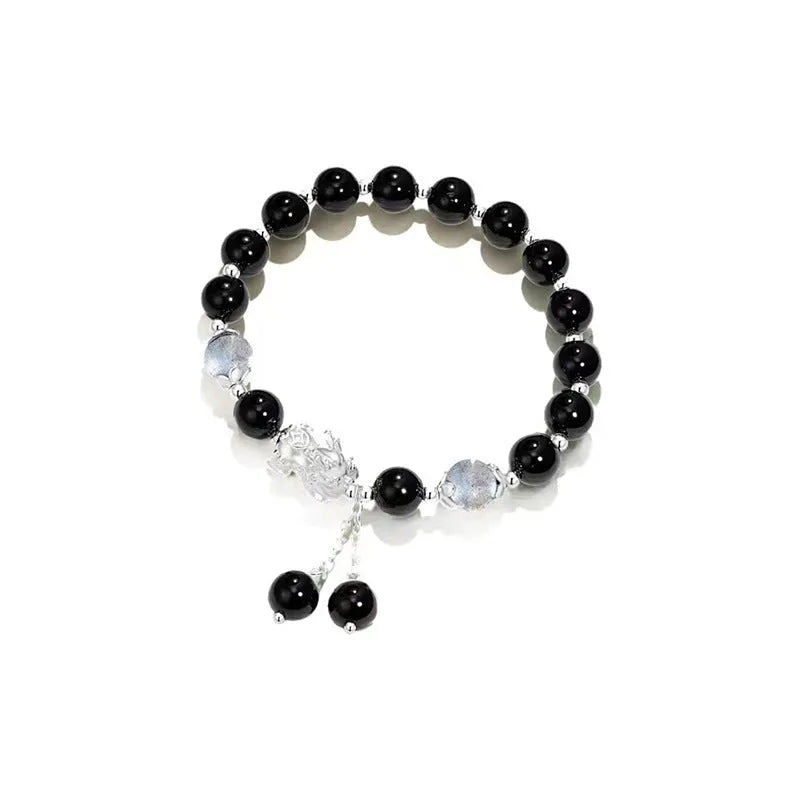 Natural black agate and grey opal couple bracelet set with 10mm wave beads and money painting elements