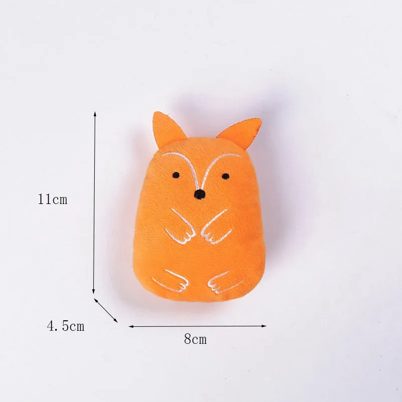 Plush catnip chewing toy for teeth grinding with vocal sounds, shown in assorted colours