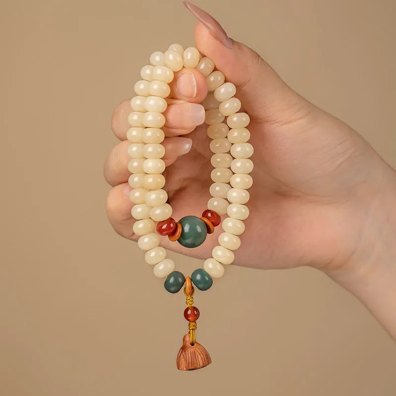 Cream Bodhi root wooden bracelet with 6 x 9mm flat round beads and double ring design for 15-20cm wrist