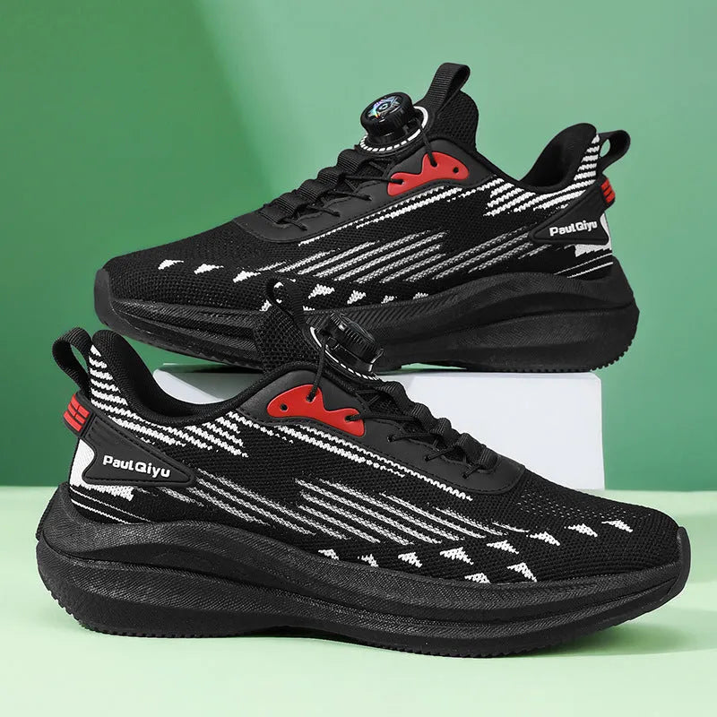 Men's black running shoes with rotating buckle fastening and Fly-knit mesh upper on TPU sole