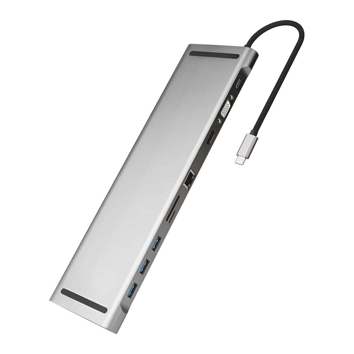 Grey aluminium 10-port docking station hub with cooling bracket for HDMI 4K and USB connectivity