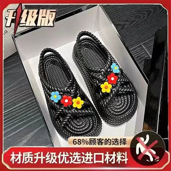 Women's PVC sandals with flower designs and non-slip soles in beige and black colours