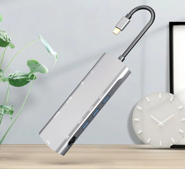 Grey aluminium USB-C docking station with HDMI, VGA, USB 3.0 ports and 140mm cable