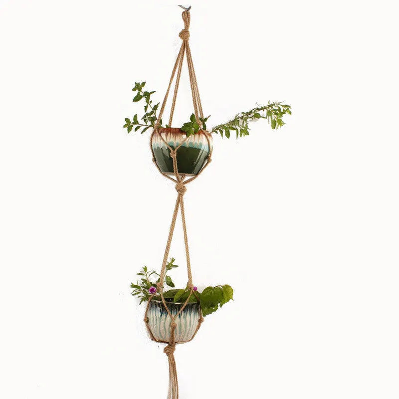 Woven wire plant basket with cotton rope material in desktop and wall hanging configurations