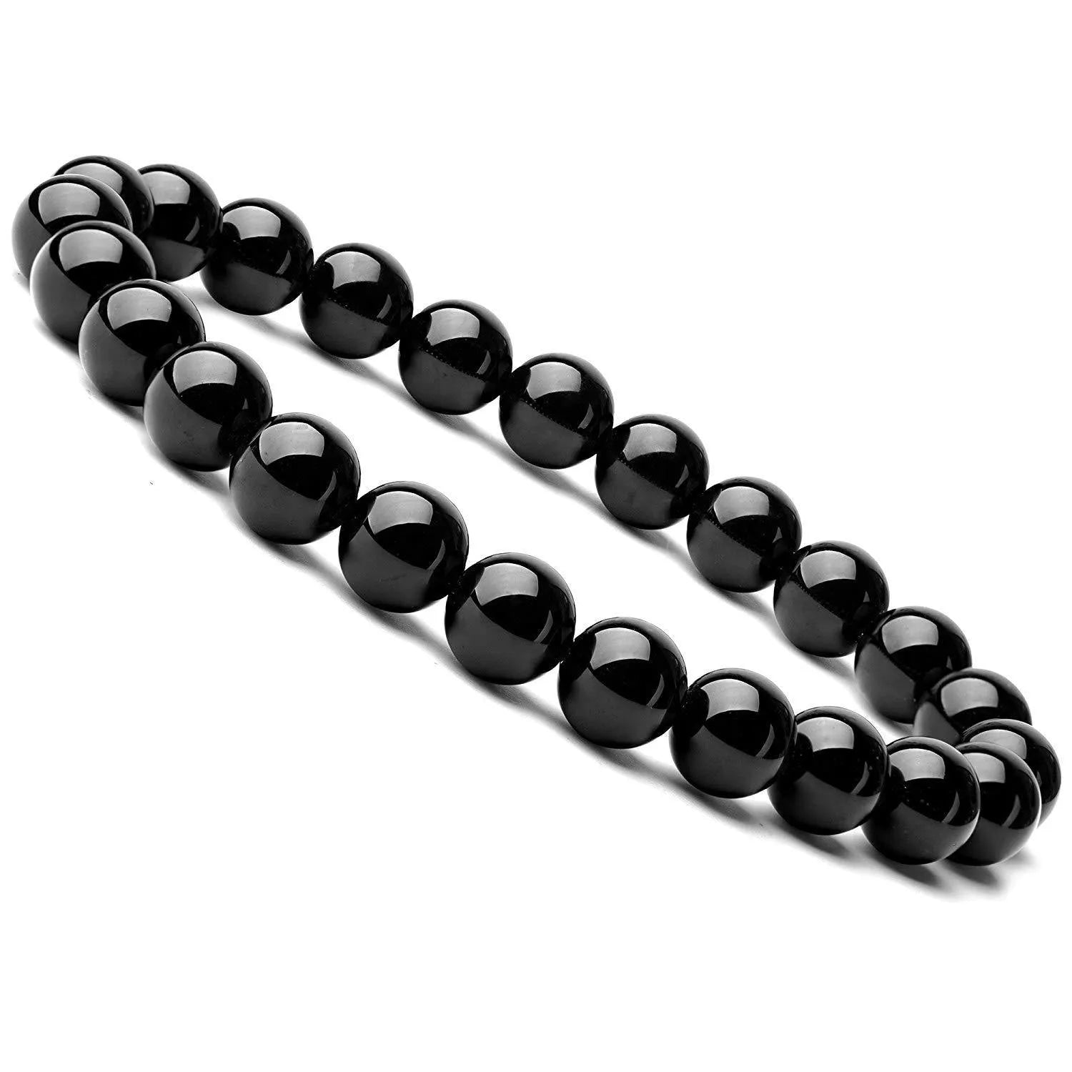 Black onyx bracelet with 8mm geometric agate beads on a black elastic cord.