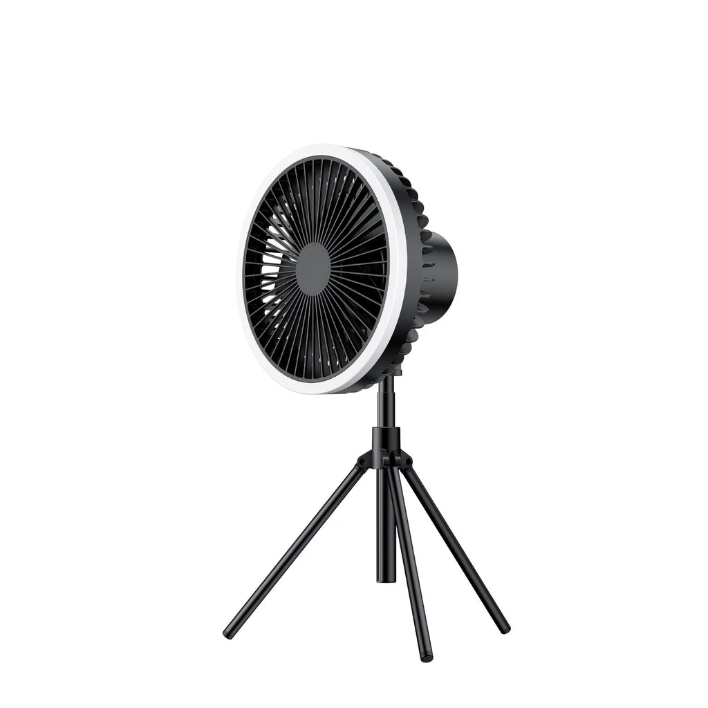 Portable tripod camping fan with detachable aluminium alloy stand, USB rechargeable battery, and hanging hook