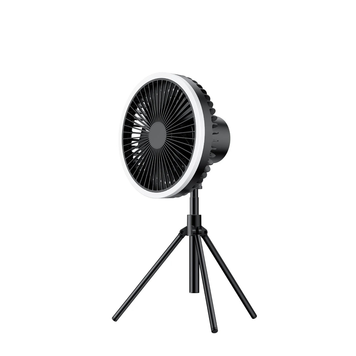 Portable tripod camping fan with detachable aluminium alloy stand, USB rechargeable battery, and hanging hook
