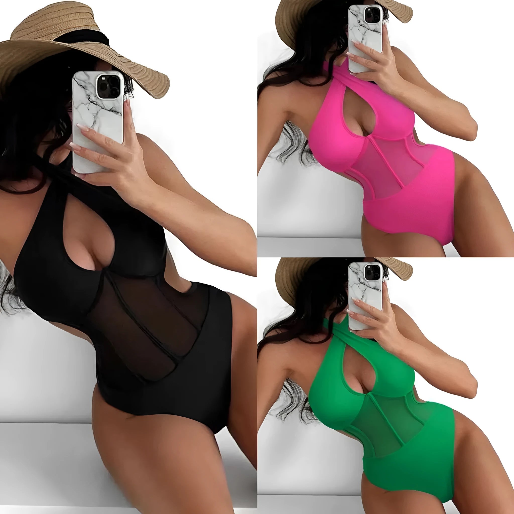 Women's one-piece swimsuit bikini in spun yarn nylon fabric available in black, rose red and green colours