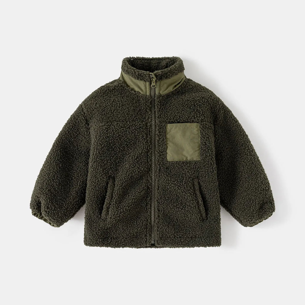 Boys' thickening fleece coat with stand collar and zip in navy blue or army green, sizes 90cm to 130cm