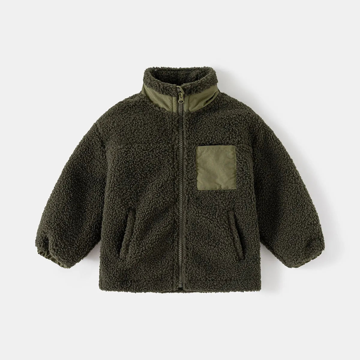 Boys' thickening fleece coat with stand collar and zip in navy blue or army green, sizes 90cm to 130cm