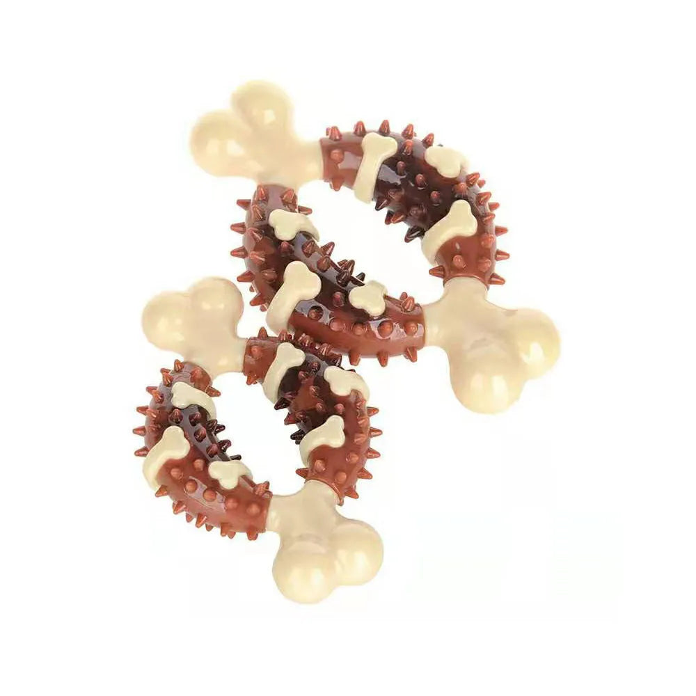 A natural rubber bone-shaped dog molar chew toy for teeth cleaning, shown in two sizes.