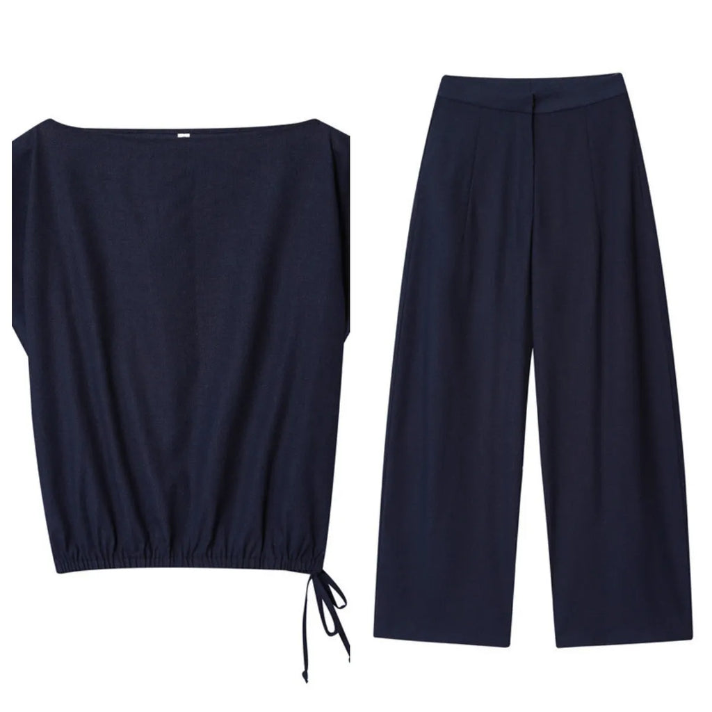 Women's linen blend off-neck shirt with flounced sleeves and matching wide leg trousers set