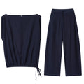 Women's linen blend off-neck shirt with flounced sleeves and matching wide leg trousers set