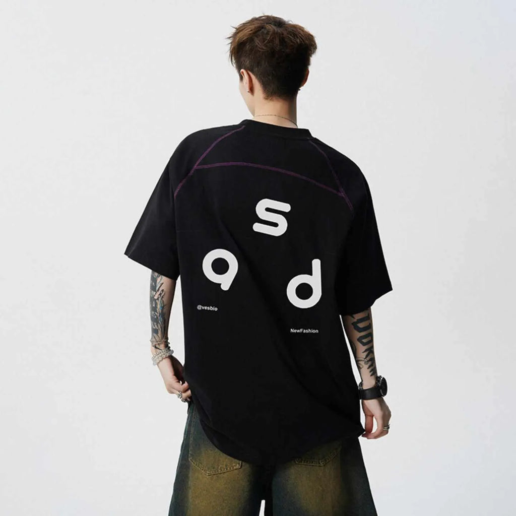 Men's black cotton t-shirt with white letter print, short sleeves, and a round neck.
