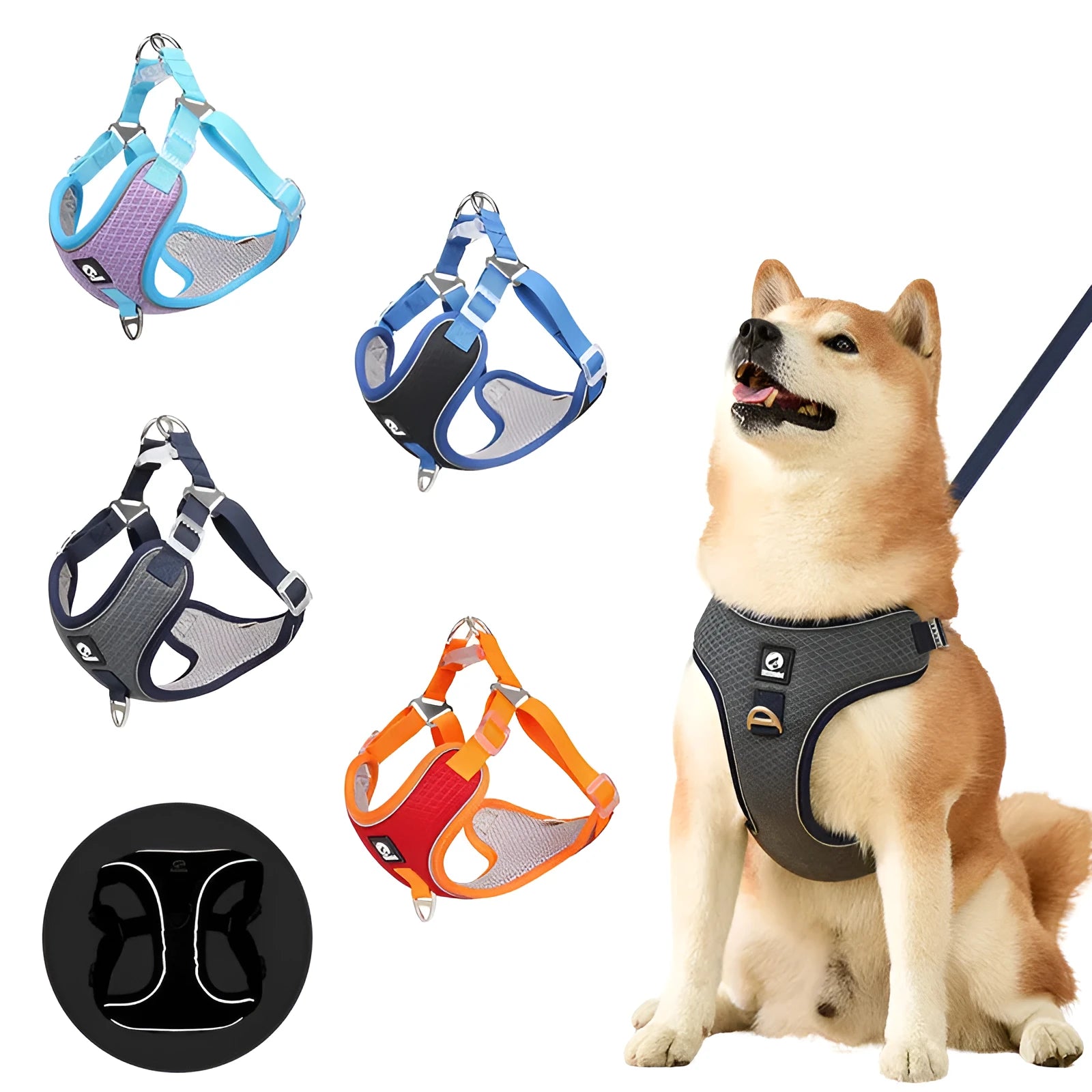 Adjustable mesh dog harness with reflective piping in multiple colour options