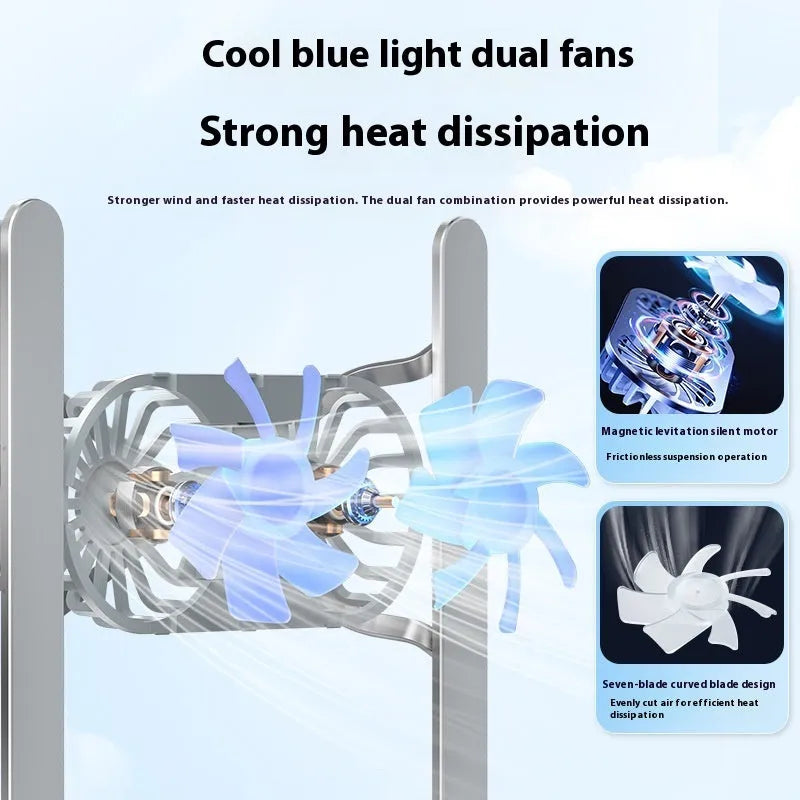 Aluminium alloy laptop cooling stand with twin fans in folded position showing silver finish