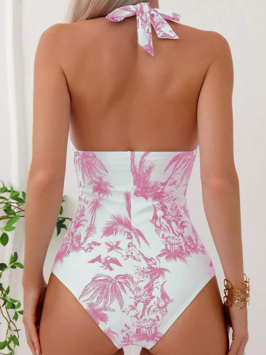 Women's printed V-neck one-piece swimsuit in polyester fabric available in multiple colours and sizes S to XXL