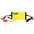 Yellow 12V 2A motorcycle battery charger with ABS body, alligator clips and EU plug