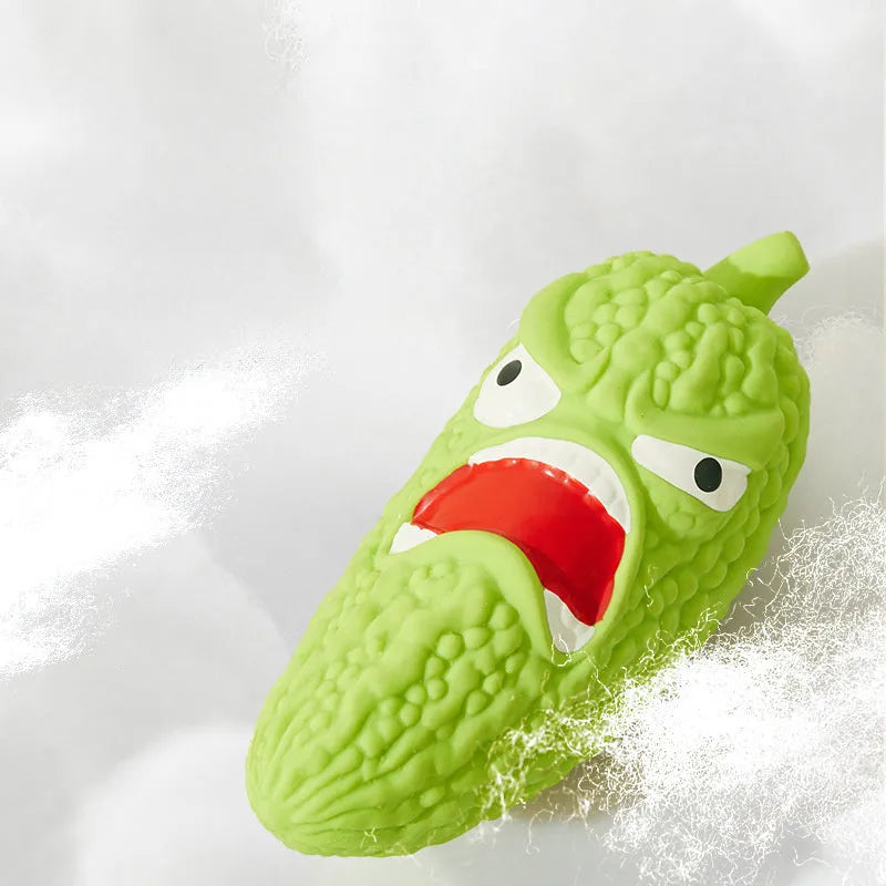 Bitter melon and chili shaped dog toys with textured surfaces for dental cleaning