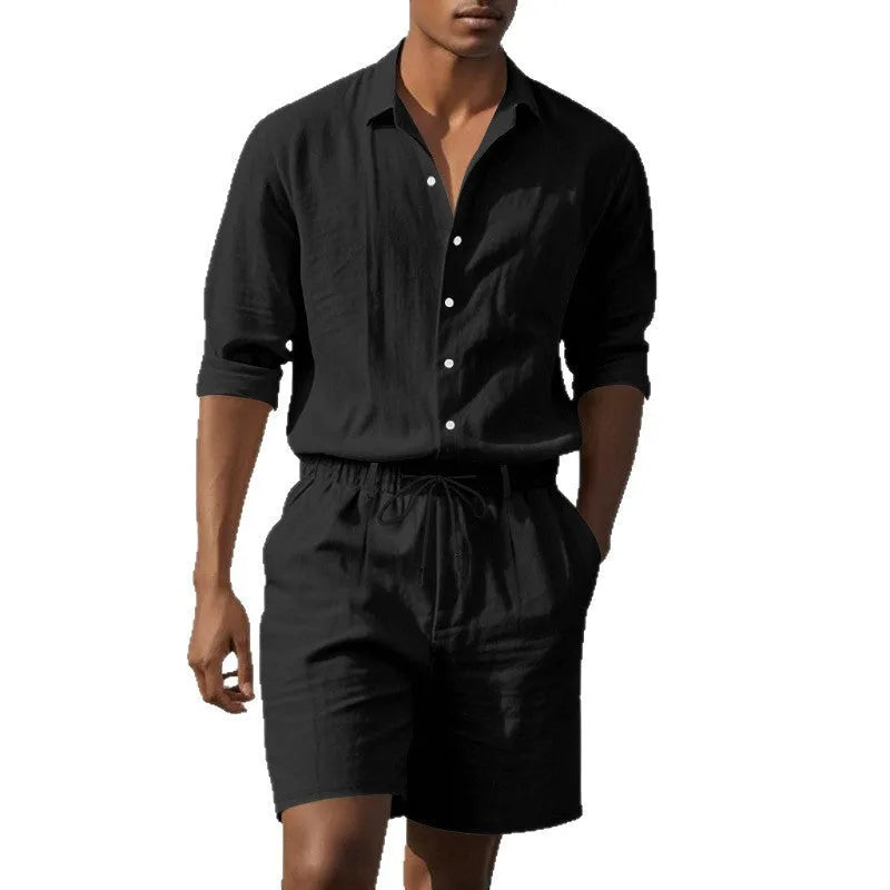Men's linen long-sleeve shirt and shorts beach suit set on a hanger.
