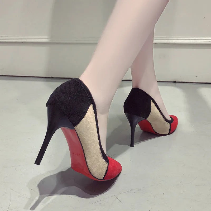 Colorblock high heels with pointed toe, hollow upper detail, beige and red colour options, sizes 34 to 39