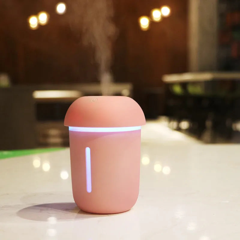 Mushroom-shaped USB charging air purifier humidifier with fan and night light in coffee colour on desk