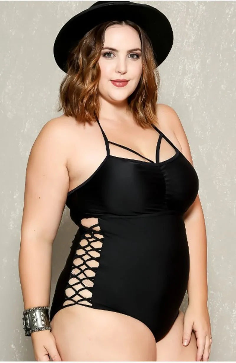 Plus size one-piece swimsuit with steel support and no chest pad, black or rainbow, Asian sizes XL-5XL