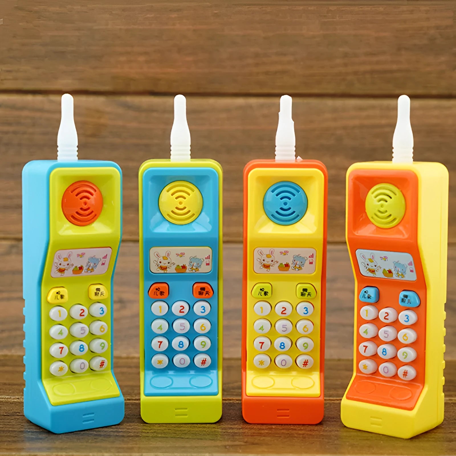 Children's educational toy with sound, light, and music features showing cartoon animal designs