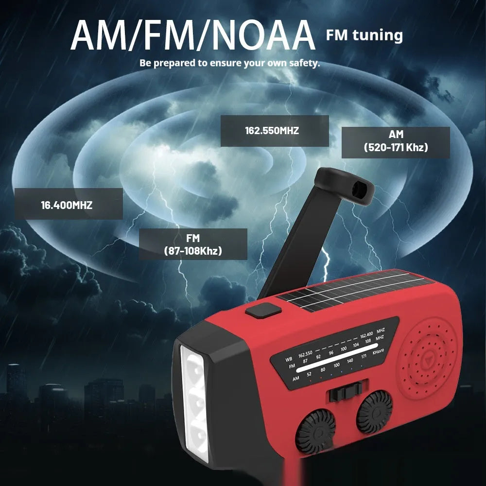 Red rechargeable emergency hand radio with built-in torch showing compact dimensions and wrist strap