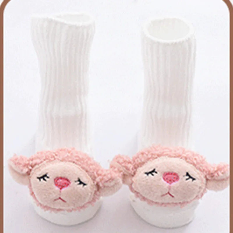 Cotton baby floor socks with anti-slip soles in animal designs for infants and toddlers