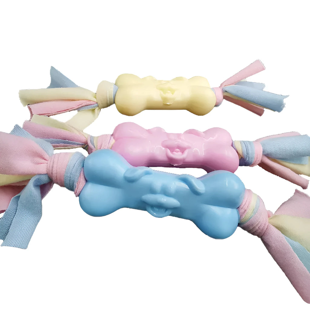 TPR dog bone chew toy with cotton cloth strips, 21 x 8.5 x 3.5cm, pink blue yellow pet molar toy