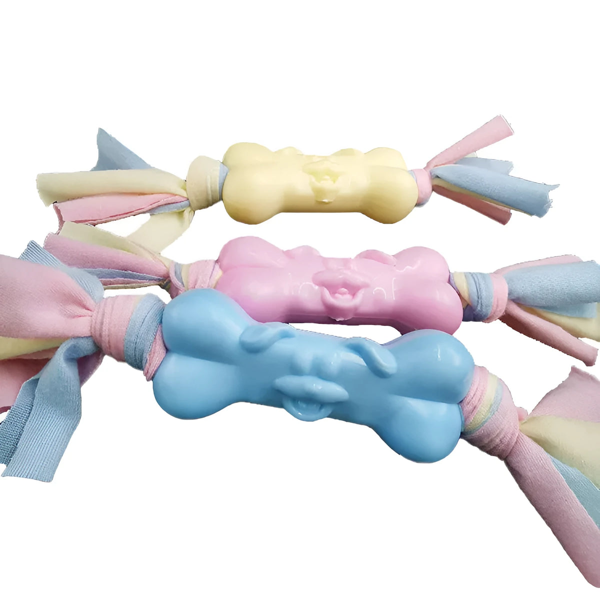 TPR dog bone chew toy with cotton cloth strips, 21 x 8.5 x 3.5cm, pink blue yellow pet molar toy