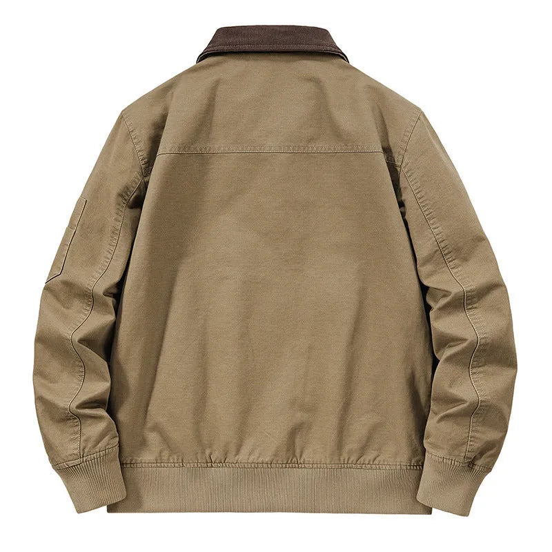 Men's plus size washed cotton baseball flight jacket in Army Green colour, showing front design.