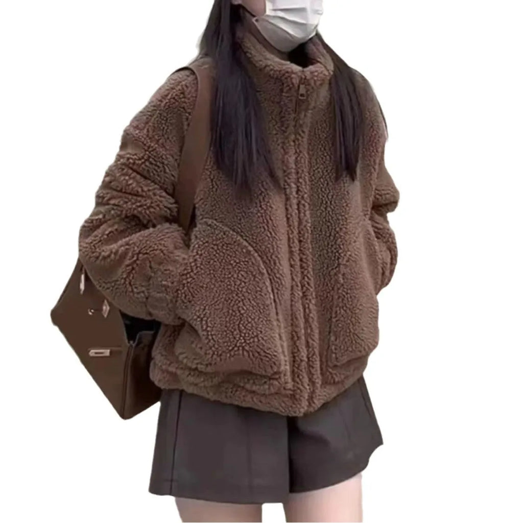 Top Long Sleeve Faux Cashmere Stand Collar Small Coat in Brown for Women