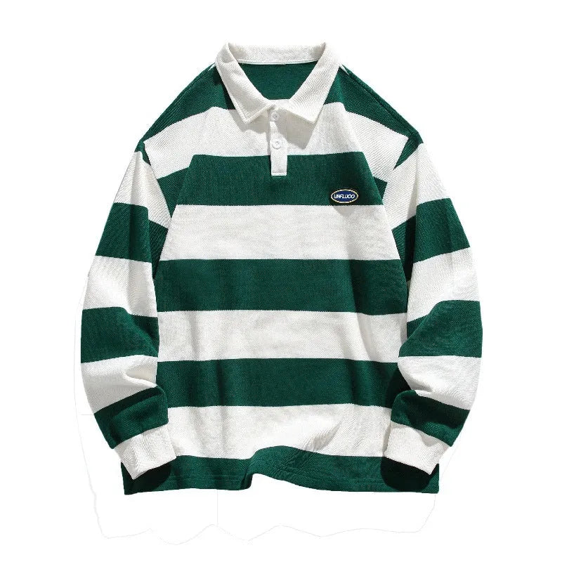 Hong Kong style lapel polo shirt sweater in pearl cotton with striped pattern and loose fit design