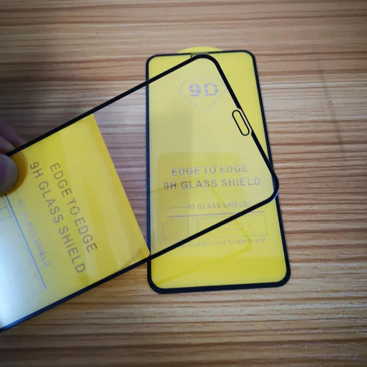 Black-bordered tempered glass screen protector for Xiaomi phones on a white background.