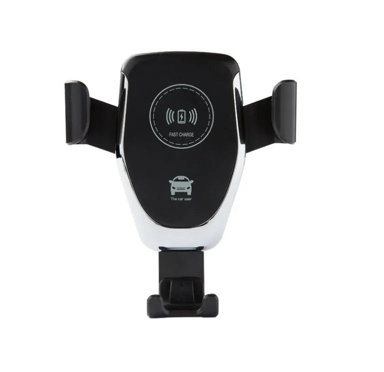 Black wireless car charger mounted on a car vent, holding an iPhone.
