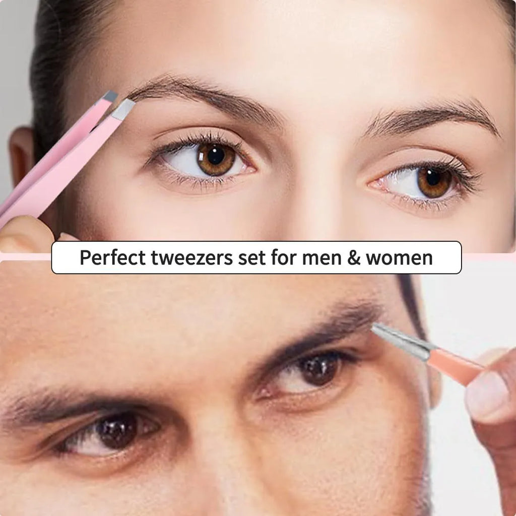 Six-piece stainless steel eyebrow tweezers set with curved scissors, brush, and leather case.