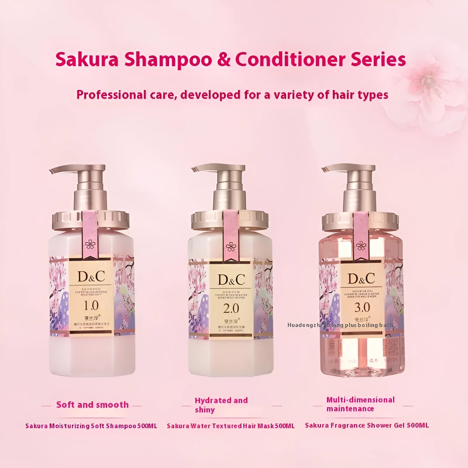 Sakura shampoo, conditioner and shower gel set, three 500ml bottles with cherry blossom design