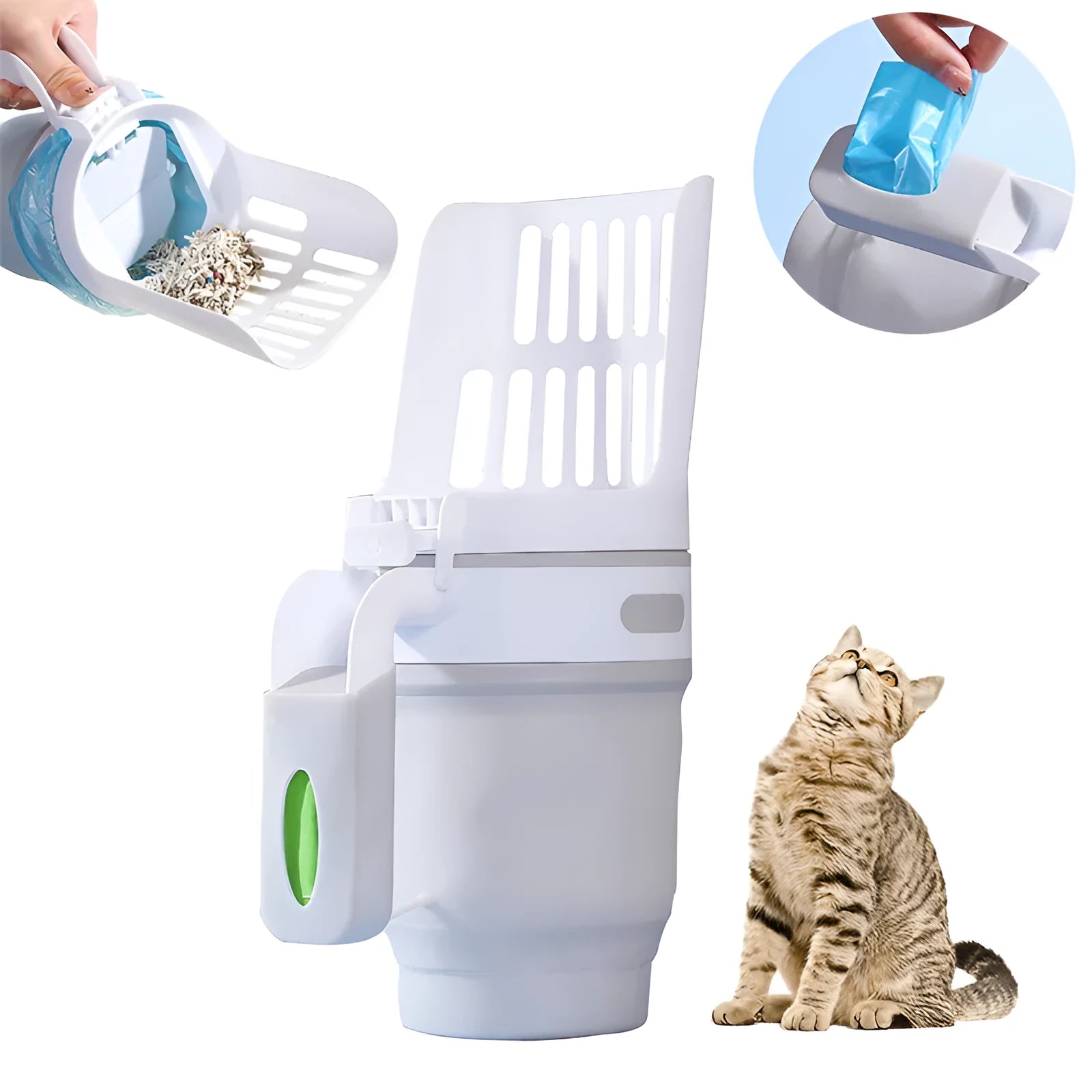 Grey, blue, and green cat litter scoop with attached waste compartment and foldable bottom.