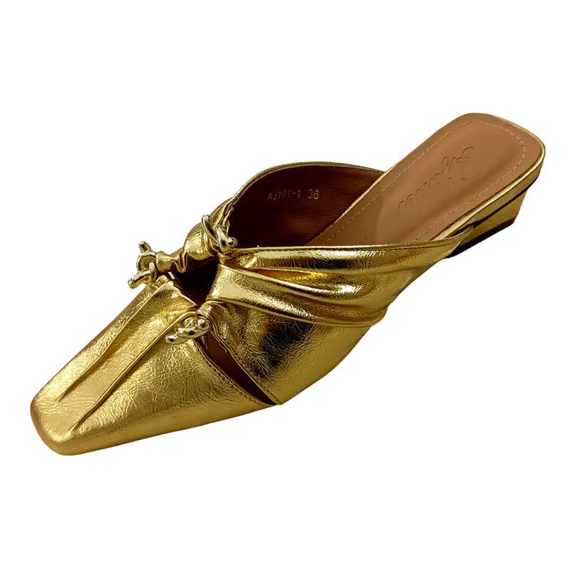 Genuine leather women's half toe cap slippers with square head design and low heel
