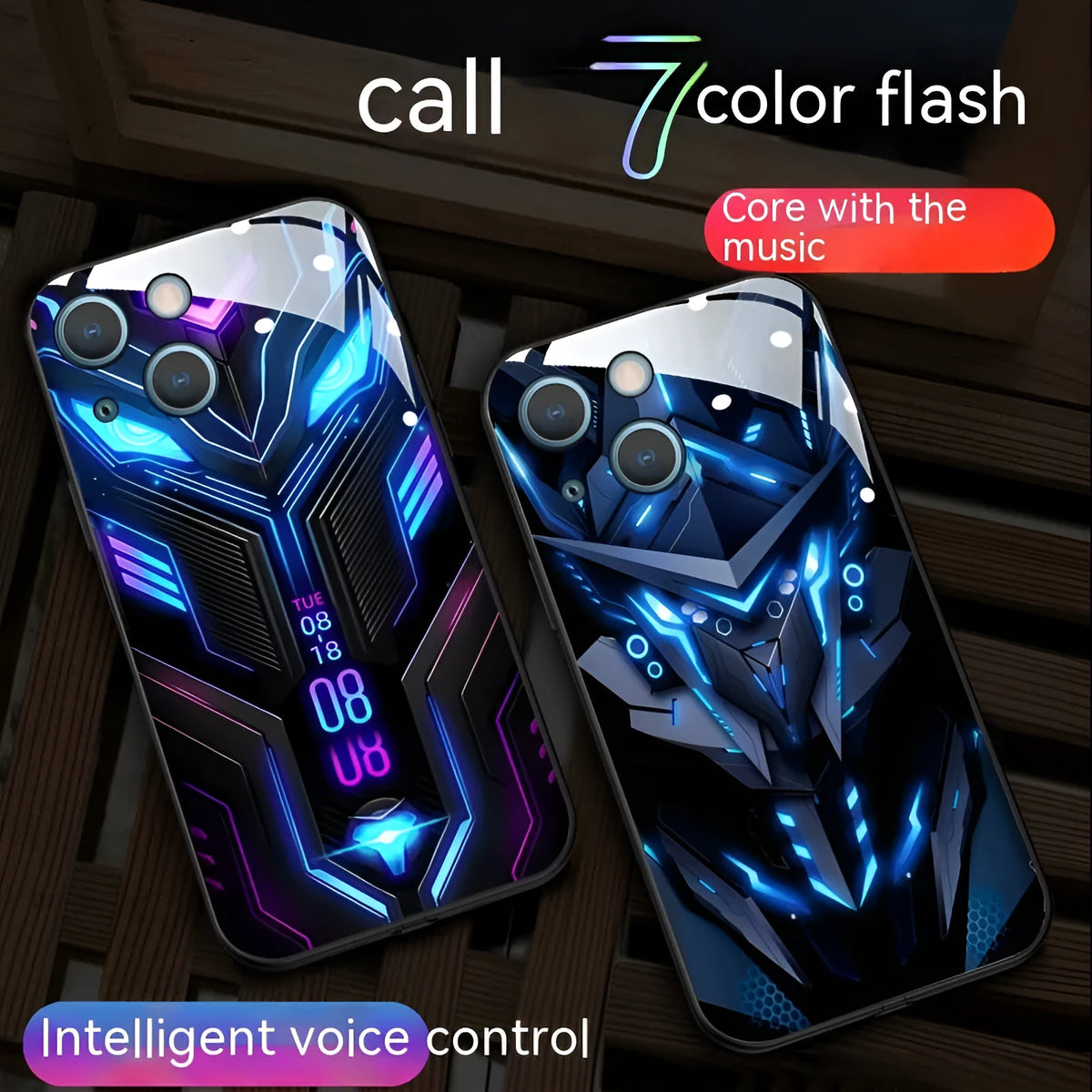 Apple iPhone phone case with light-emitting mech design, anti-fingerprint glass, and cartoon mech style.