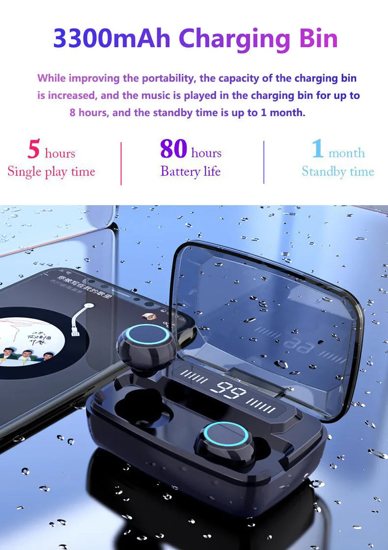 Black M11 style Bluetooth wireless in-ear headphones with a charging case showing a digital power display.